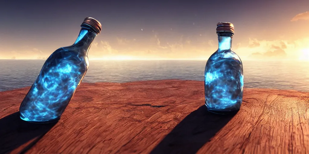 Image similar to a supernova inside a water bottle on a wooden table, hyperrealistic, concept art, octane render, unreal engine 5, trending on artstation, high quality, highly detailed, 8 k hdr, soft lighting, path traced, a beach at sunset in the background, bloom, high coherence, symmetrical, high contrast, digital art, serene landscape, cinematic