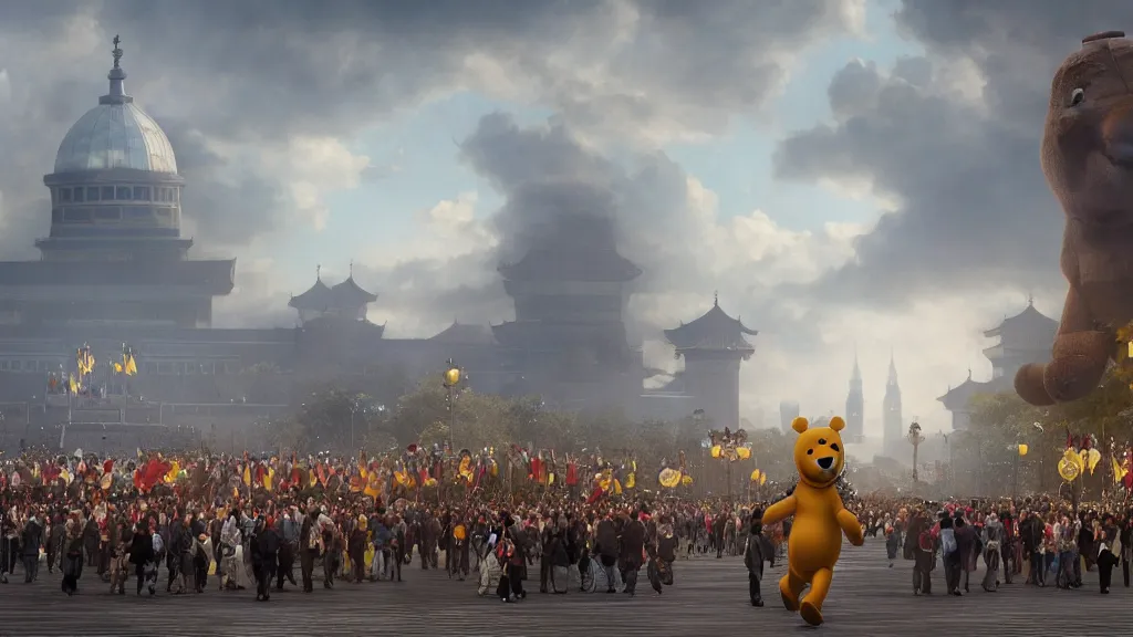 Prompt: giant winnie the pooh bear walking in the tiananmen square parade. andreas achenbach, artgerm, mikko lagerstedt, zack snyder, tokujin yoshioka