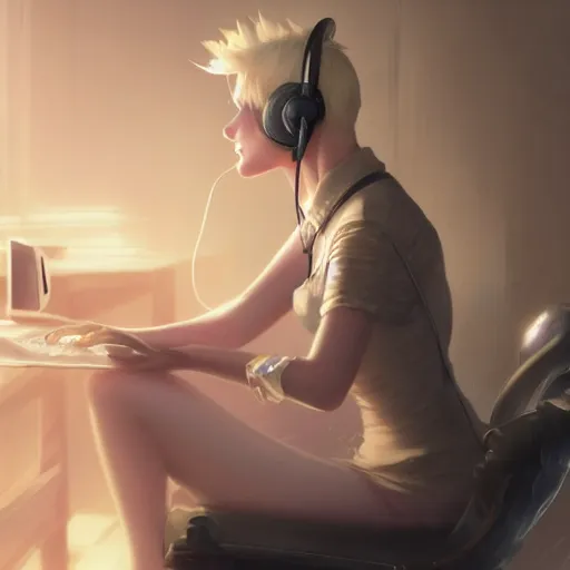 Prompt: a blonde miqo'te sitting in front of a computer wearing headphones, in the style of greg rutkowski, fantasy, amazing detail, epic, elegant, smooth, sharp focus