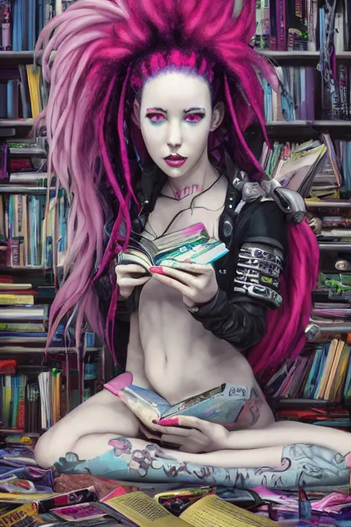 Image similar to cybergoth girl with pink dreads sitting on the floor of a cluttered 9 0 s bedroom reading a book by artgerm, tom bagshaw, gerald brom, vaporwave colors, lo - fi colors, vaporwave, lo - fi, 4 k, hd,