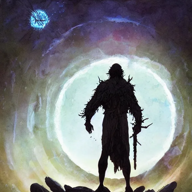 Image similar to a druid standing in a circle at the beginning of the world by greg rutkowski and frank frazetta and peter mohrbacher and william blake and dan mumford