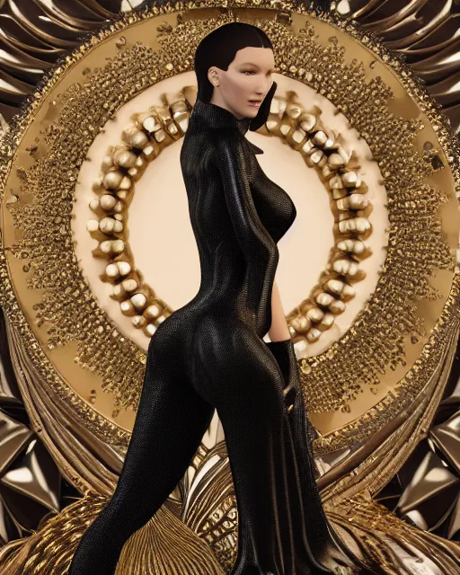 Image similar to a highly detailed metahuman 4 k close up render of a bella hadid as a black latex outfit monument renaissance in iris van herpen dress schiaparelli in diamonds crystals swarovski and jewelry iridescent in style of alphonse mucha gustav klimt trending on artstation made in unreal engine 4