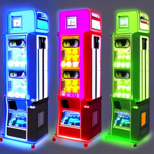 Image similar to friendly robot vending machine with pastel led lights made of cheap materials selling cheap junk food in a city comprised of light matter, set in the distant future, plants, light prisms, rainbow diffraction, steampunk, cyberpunk, robots, warm lights, anime, vhs distortion, art style mimics starlight brigade by game grumps