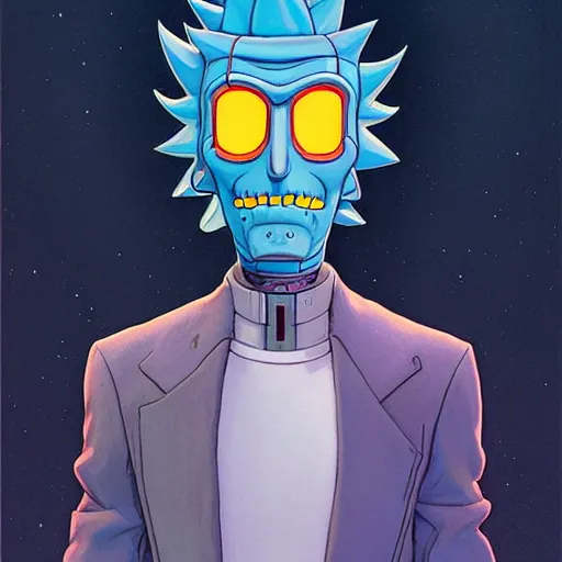 Image similar to 1 0 7 7 bender futuristic rick sanchez futurama portrait by charles vess and james jean and erik jones and rhads, inspired by ghost in the shell, beautiful fine face features, intricate high details, sharp, ultradetailed