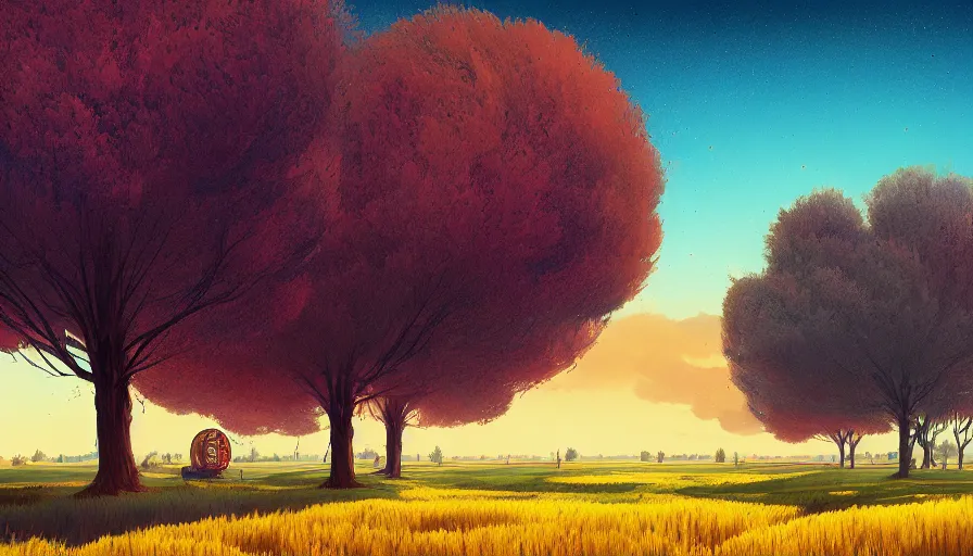 Image similar to colourful sky, wheat field, radio telescope, big trees, matte painting, art station, digital art, simon stalenhag