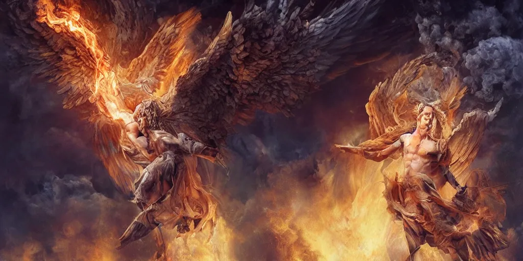 Prompt: oil painting of a wrathful archangel Michael with fluffy blond curls of hair and piercing eyes, with scintillating holy radiance and luminous eyes, against a hellish flaming battlefield and a lot of smoke, darkart, hyperdetailed, hyperealistic, cinematography, 16k, 3D, Artstation, Deviantart, very beautiful