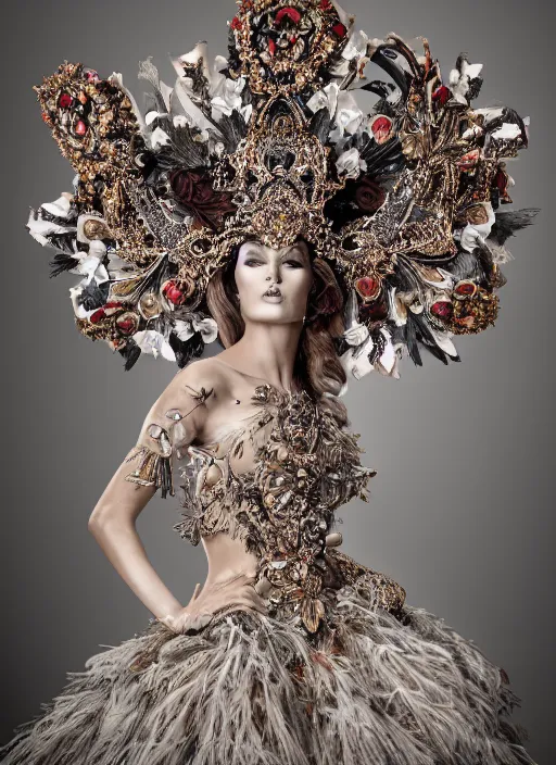 Image similar to expressive full body photo of a miss universe in creative costume, ornate headpiece made from flowers, ornaments, glamour shot by stefan gesell, photorealistic, canon r 3, fashion photography, hyper maximalist, sharp focus, ornate, elegant, luxury and elite, environmental portrait, symmetrical features, octane render, unreal engine, solid dark grey background, dramatic lights