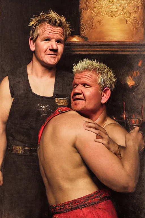 Prompt: gordon ramsay embracing guy fieri, orientalist intricate portrait by john william waterhouse and edwin longsden long and theodore ralli and nasreddine dinet, hyper realism, dramatic lighting