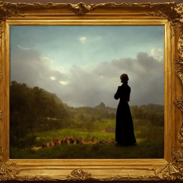 Image similar to romantic painting, wide shot of a lone figure in fancy dress watching an enormous television screen playing a football game, highly detailed, sublime, hyperrealistic, painted by caspar david friedrich and albert bierstadt, trending on artstation 8 k