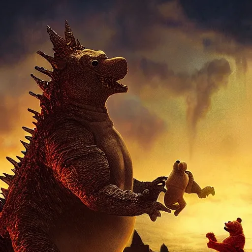 Image similar to godzilla as winnie the pooh as a gigantic muppet, cinematic composition, epic dramatic lighting, realistic, hyperdetailed, photorealistic, photograph, epic scale by gaston bussiere