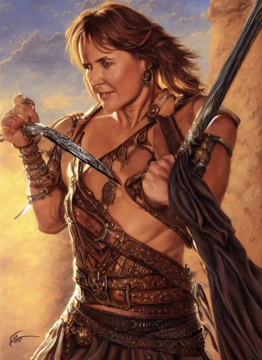 Image similar to Lucy Lawless as Xena as a ruggedly handsome hero holding an enormous large dual wielding sword, intricate, elegant, highly detailed, centered, digital painting, artstation, concept art, smooth, sharp focus, illustration, artgerm, donato giancola, Joseph Christian Leyendecker, WLOP, Boris Vallejo, Artgerm