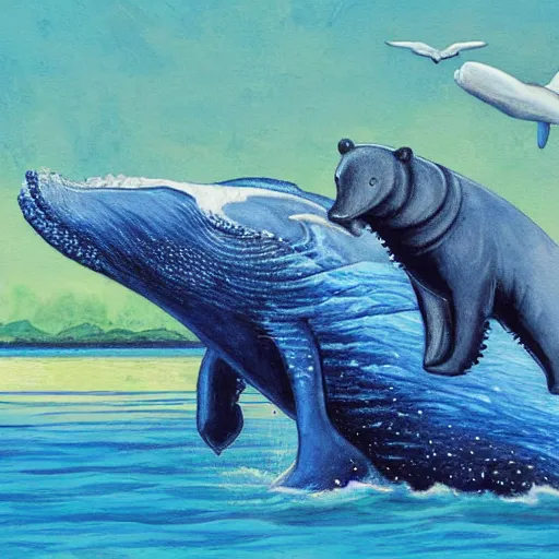 Prompt: bears riding on the back of a whale, storybook painting