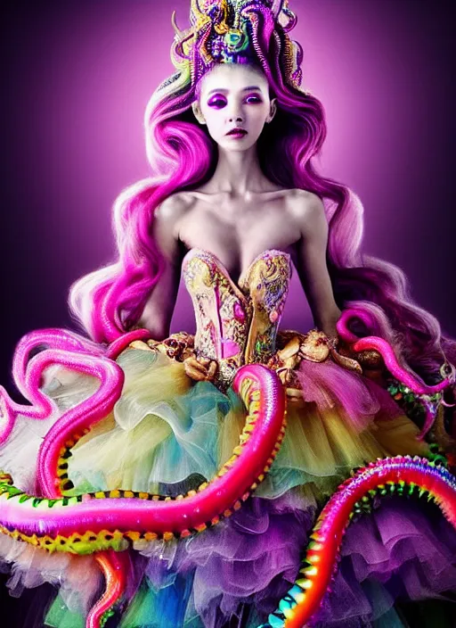 Image similar to A full body shot of a cute and mischievous monster princess with hair made of tentacles wearing an ornate ball gown covered in jewels. Dynamic Pose. Quinceanera dress. Rainbow palette. rainbowcore. Eldritch Beauty. defined facial features, symmetrical facial features. Opalescent surface. beautiful lighting. By Giger and Ruan Jia and Artgerm and WLOP and William-Adolphe Bouguereau. Photo real. Hyper-real. Photorealism. Fantasy Illustration. Sailor Moon hair. Masterpiece. trending on artstation, featured on pixiv, award winning, cinematic composition, dramatic pose, sharp, details, Hyper-detailed, HD, HDR, 4K, 8K.