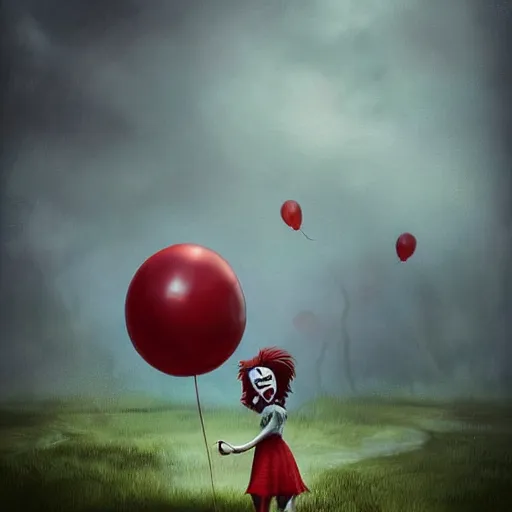 Image similar to grunge cartoon landscape painting of bilie eilish with a wide smile and a red balloon by - michal karcz, loony toons style, pennywise style, horror theme, detailed, elegant, intricate