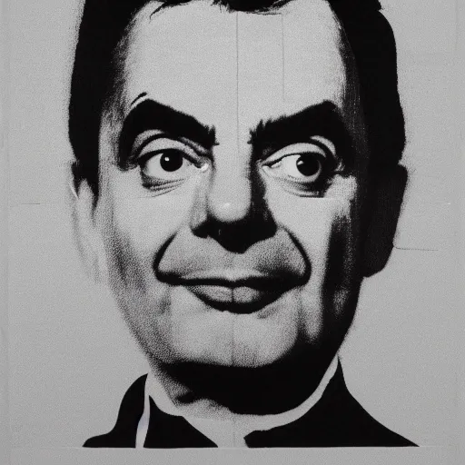 Image similar to a portrait of Mr Bean, made by Andy Warhol, two tone, very high contrast, only black and white, simplistic, extremely high contrast, two tone, notan art, by Andy Warhol, minimalistic,