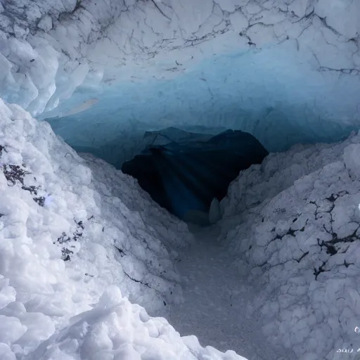 Image similar to dark glacier cave with a glowing spike of ice in the center, surreal,