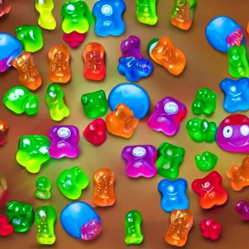 Prompt: gummy bears are alive and play the squid game to the end.