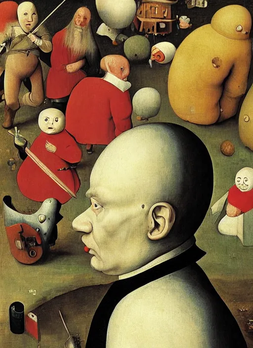 Prompt: full body detailed painting of silly round humpty dumpty with jack black facial expression, realistic, by hieronymus bosch and pieter brueghel