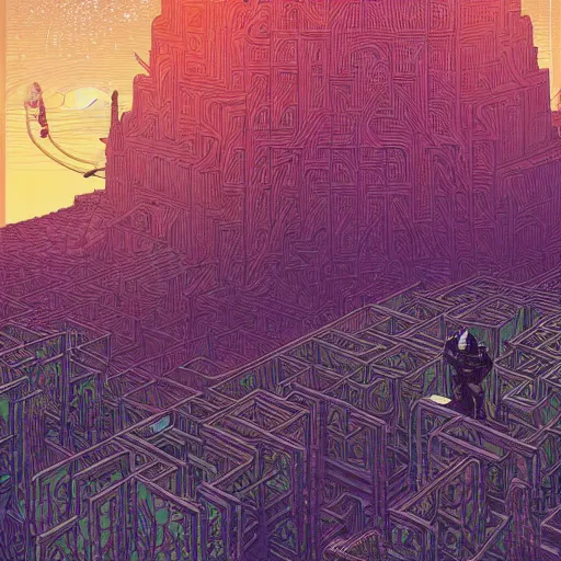 Prompt: Stunningly intricate illustration of a cyberpunk explorer overlooking a maze-like temple, highly detailed, midnight, by Victo Ngai and James Gilleard , Moebius, Laurie Greasley