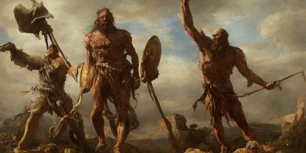 Image similar to high quality high detail painting, dead giant goliath, david standing next to the body