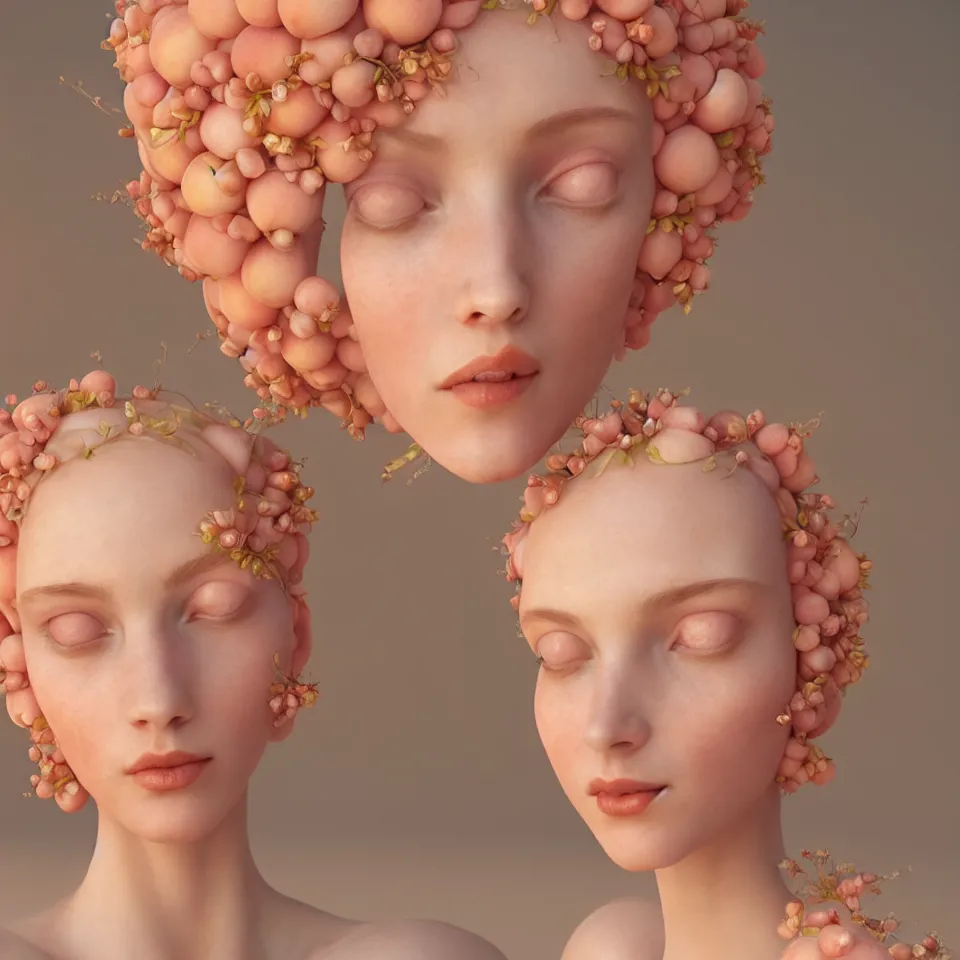 Image similar to A portrait of elegant Queen of peach fruits fairies, skin made of pale human skin. Soft details. Close-up. Octane Render. art nouveau. Trending on artstation. Bokeh.