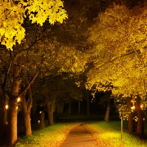 Prompt: Autumn night, Full moon,path surrounded by trees with yellow leafs, beautiful