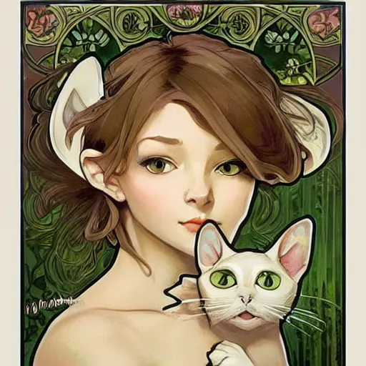 Image similar to a cute mix between a rabbit and a cat, beige, big green eyes, cute artgerm, alphonse mucha
