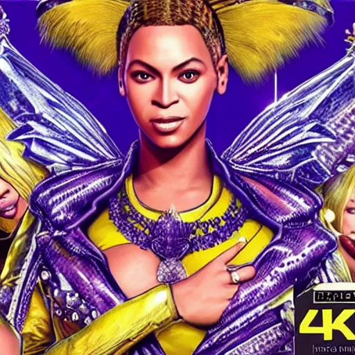 Image similar to video game box art of a ps 4 game called beyonce's queen bee attack, 4 k, highly detailed cover art.