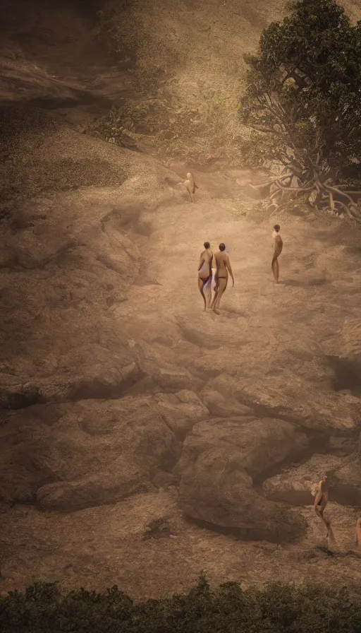Image similar to a dystopian landscape made of beautiful naturist couples, Octane Render, cinematic