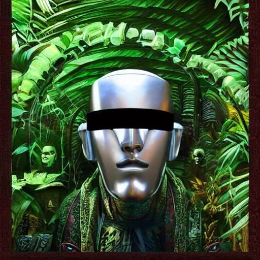 Prompt: robot samurai portrait ( head and bust ), in a jungle jeszika le vye heraldo ortega 8 k