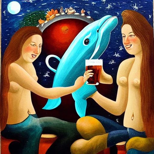 Prompt: dolphin astronomers drinking beer, old painting