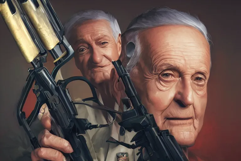 Image similar to portrait of bob barker holding an ak - 4 7, price is right set in background, charlie bowater, artgerm, ilya kuvshinov, krenz cushart, ruan jia, realism, ultra detailed, 8 k resolution