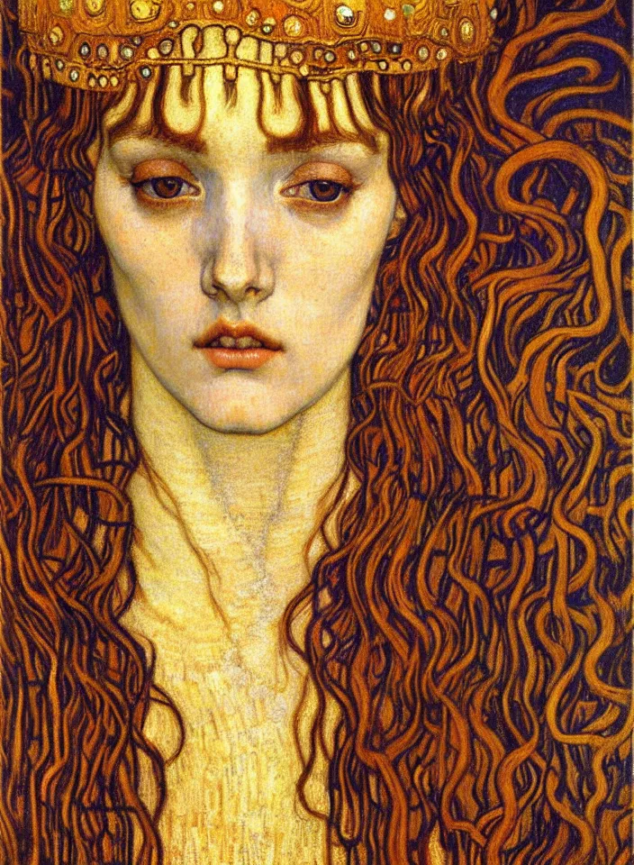 Image similar to detailed realistic beautiful young medieval queen face portrait by jean delville, gustav klimt and vincent van gogh, art nouveau, symbolist, visionary, gothic, pre - raphaelite, muted earthy colors, desaturated