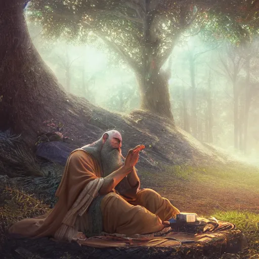 Prompt: a long beard sage worshipping under the tree of wisdom, magical world, by greg rutkowski, sung choi, photo realistic, 8 k, cinematic lighting, hd, atmospheric, hyperdetailed, trending on artstation, devainart, digital painting, glow effect