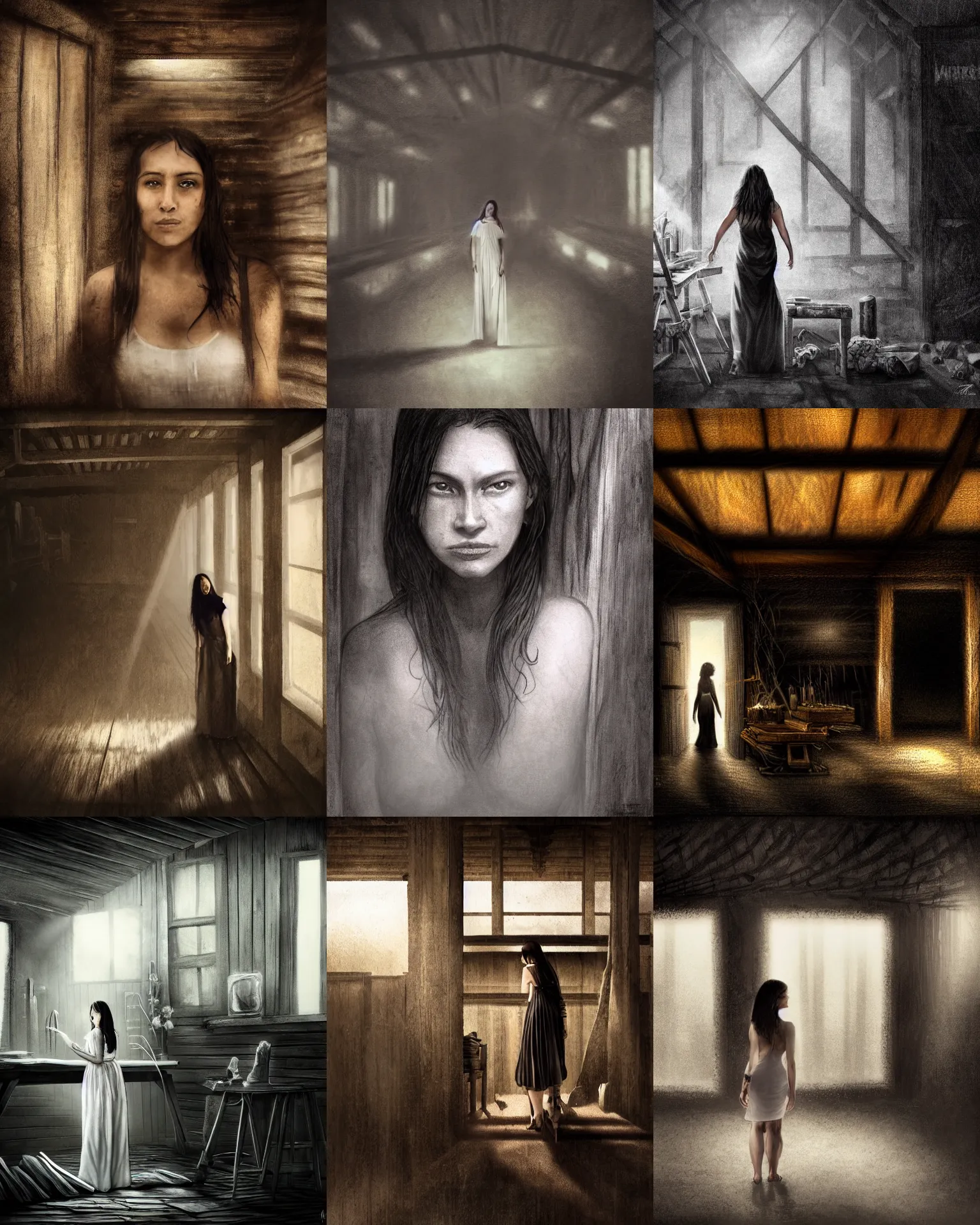 Prompt: eddie mendoza. composition : medium shot. style : digital art ; detailed ; dreamlike ; 4 k. scenery : the inside of a dark barn ; a faint ray of light is shining through a crack in the planks. subject : a 2 5 years old woman ; dark hair ; wearing a white dress ; amber eyes. action : the woman is hiding behind a workbench.