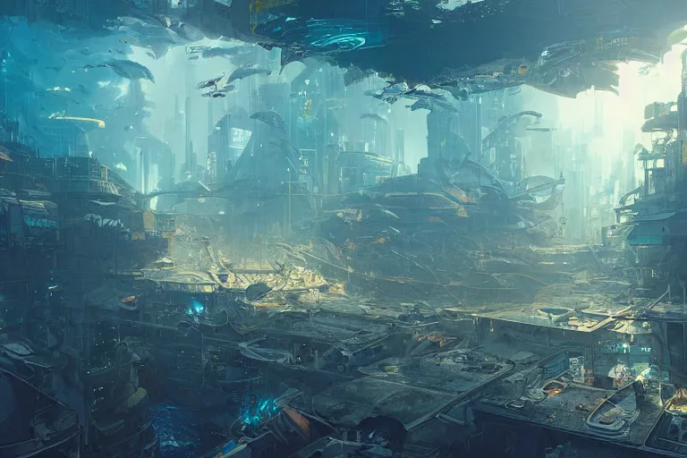 Prompt: a scenic view of an abandoned cyberpunk city under water, ray of sunlight, whale fall, fish flocks, Greg Rutkowski, Moebius, Mohrbacher, Mucha, blue and gold color scheme, ultra wide angle, light effect