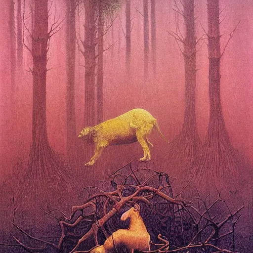 Image similar to giant pink god with a golden animal mask on a forest clearance surrounded by animals by Beksinski