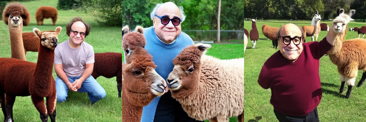 Prompt: <photo hd age=20 traits=young>young ((danny devito)) at the park, alpaca photobomb</photo>