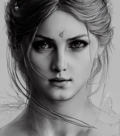 Prompt: beautiful young aphrodite goddess, archer, realistic face, beautiful eyes, black and white drawing, in the style of greg rutkowski, fantasy, amazing detail, epic, intricate, elegant, smooth, sharp focus