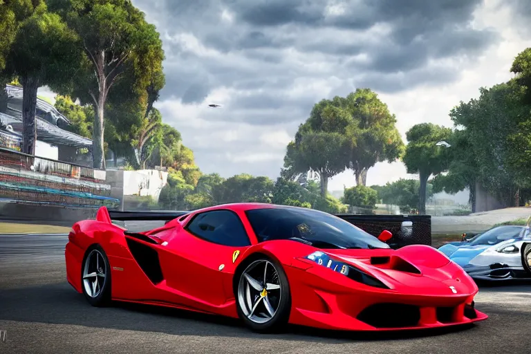 Prompt: photo wallpaper sport a ferrari car gran turismo 7 forza horizon need for speed fast and furious 5 unreal engine supercar hypercar game concept car octane render, 4 khd 2 0 2 2 3 d cgi rtx style chrome reflexion global illumination ray tracing hdr arstation pixar and disney unreal