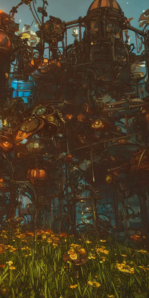 Prompt: steampunk flowers on a steampunk land in the borderlands 3 style, smooth, cinematic, wet reflections, ray tracing x, rtx, smooth