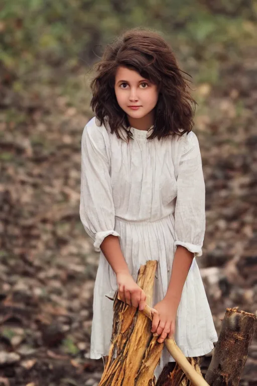 Image similar to a middle-school girl with unkempt wavy short brown hair wearing a white dress and holding a bundle of firewood, high resolution film still, 8k, HDR color, short hair, round face, dimples, beautiful gazing eyes