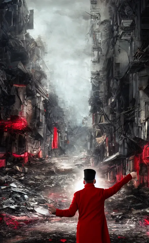 Image similar to cinematic scene of a comedian in red coat performing comedy show on dead bodies in streets of an apocalyptic metropolis destroyed after war, fantasy art, dramatic lighting, insane details