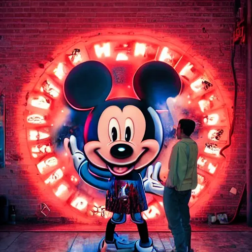 Prompt: a group of people around a giant giant mickey mouse wounded head with blood, netflix logo, cyberpunk art by david lachapelle, cgsociety, dystopian art by industrial light and magic, dark concept art, neons, interior