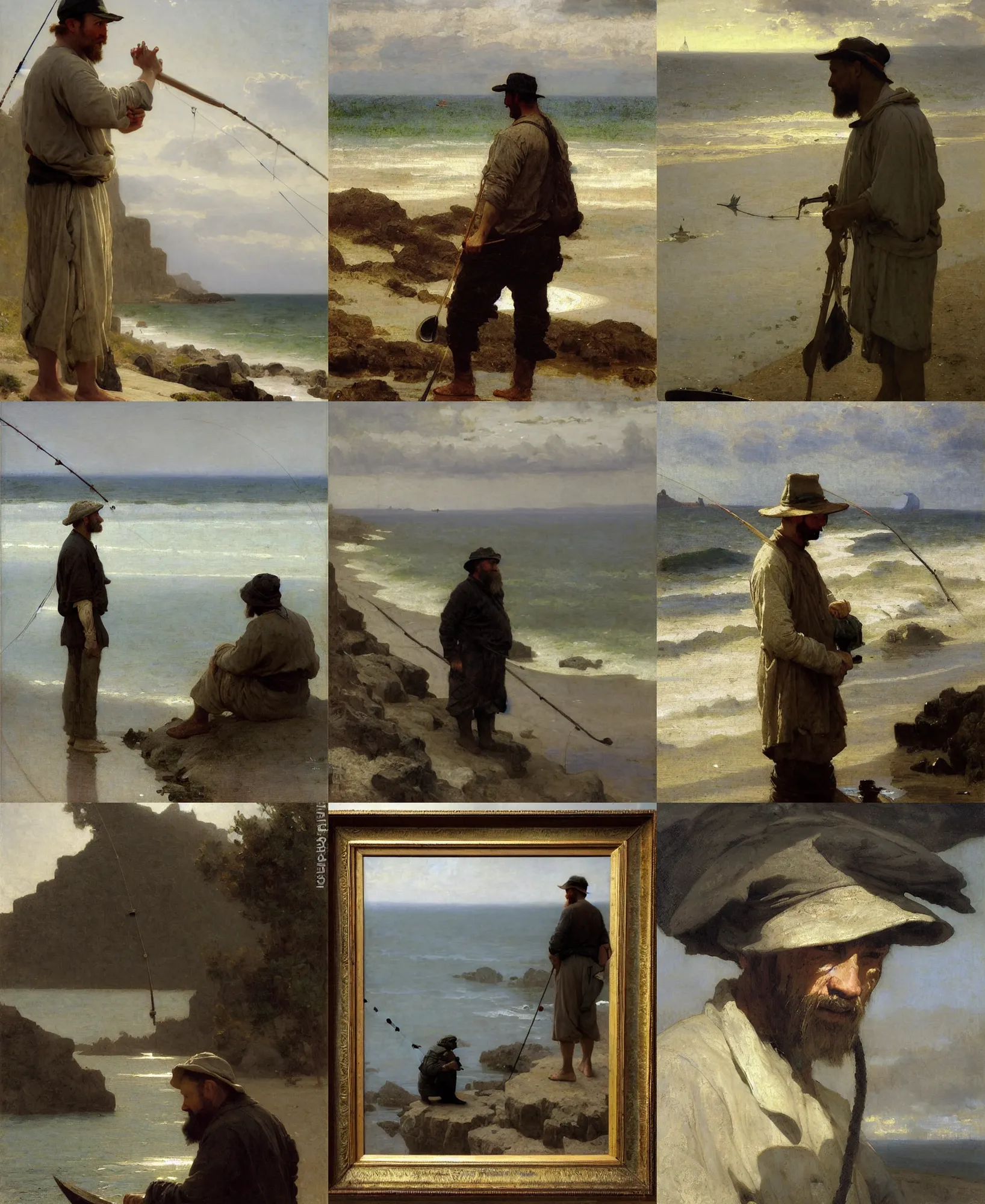 Prompt: portrait of wise man as a fisherman looking at the coast by bouguereau and jeremy mann, dynamic lighting