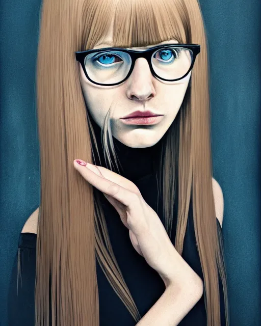 Prompt: digital portrait of a beautiful adorable emo girlfriend with winged eyeliner, long dirty blonde hair and a fringe and dark blue eyes, wearing large round very thin - rimmed glasses, black clothes, dirty blonde color very long styled hair with straight fringe and bangs, intricate, sharp focus, digital illustration, highly detailed, octane render, digital painting, matte, art by professional artist, masterpiece