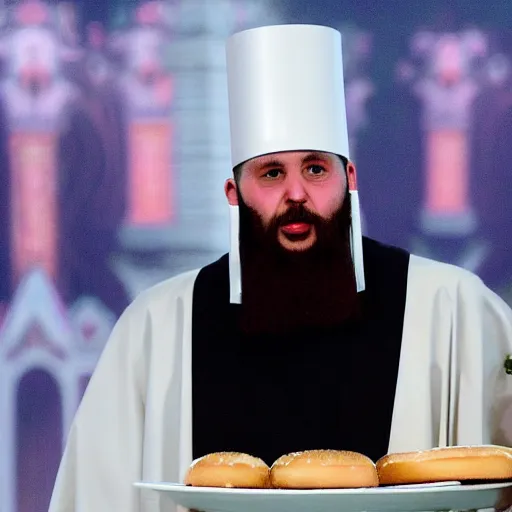 Prompt: orthodox patriarkh is wearing tall burger hat, real TV footage,