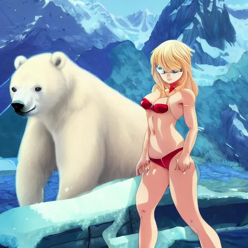 Image similar to bicolor - eyed blonde muscular anime girl warrior in bikini riding a polar bear in the snowy mountains background, digital painting, illustration by james jean and artgerm and mina petrovic and timothy kong and marina federovna, artstation