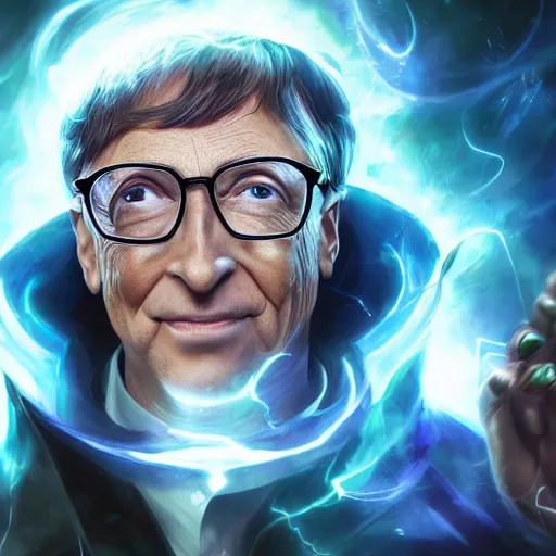 Image similar to portrait of bill gates as a spellcaster, league of legends amazing splashscreen artwork, legends of runeterra, splash art, natural light, elegant, photorealistic facial features, intricate, fantasy, detailed face, atmospheric lighting, anamorphic lens flare, cinematic lighting, league of legends splash art, hd wallpaper, ultra high details by greg rutkowski