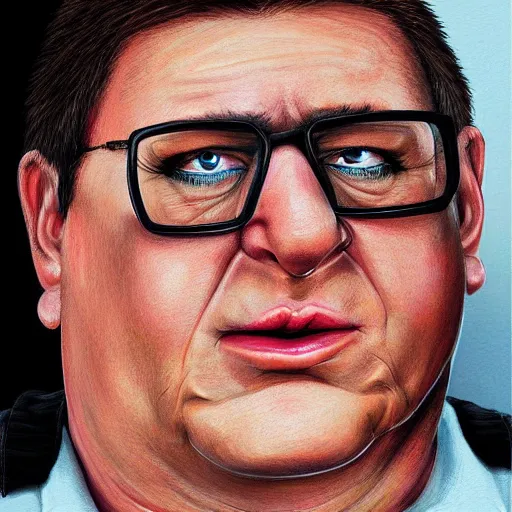 Prompt: Peter Griffin in real life, portrait, photograph, realistic, hyperrealistic, highly detailed, very detailed, extremely detailed, detailed, digital art, trending on artstation